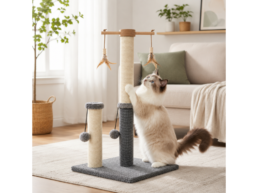 Škrabadlo pro kočky Cat Tree 73 cm – plyš, sisal, míčky, peříčka, béžovo-šedá